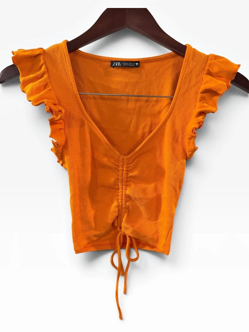 Zara Ribbed Ruffle Cap Sleeve Ruched Front Crop Top - Picture 2 of 6